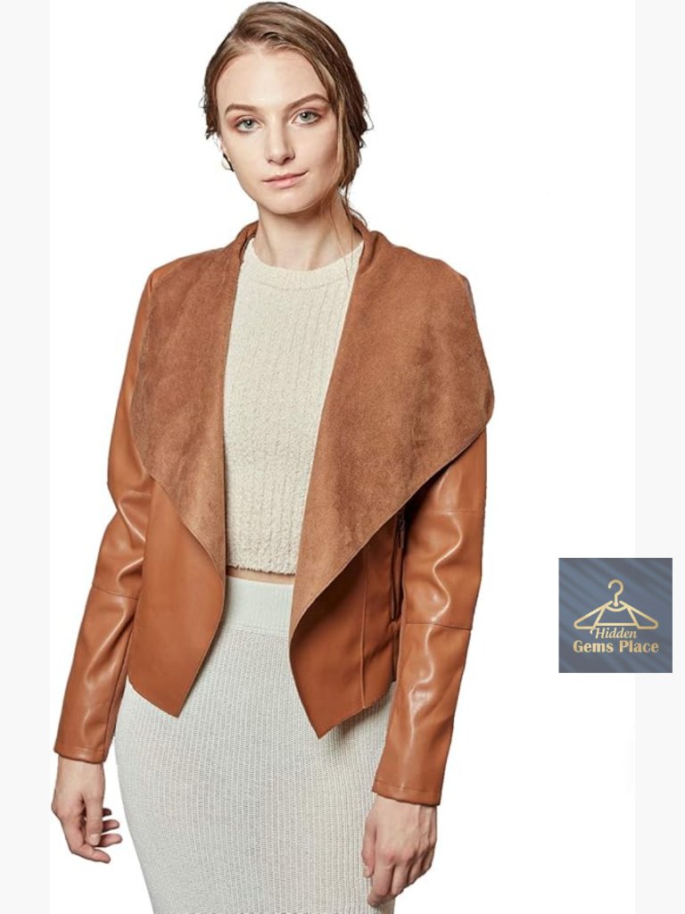 Faux Leather Jacket Open Front Lapel Blazer Slim Cropped Moto